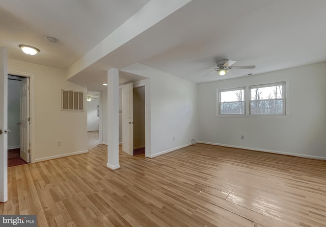 unfurnished living room featuring ceiling fan and light hardwood / wood-style flooring