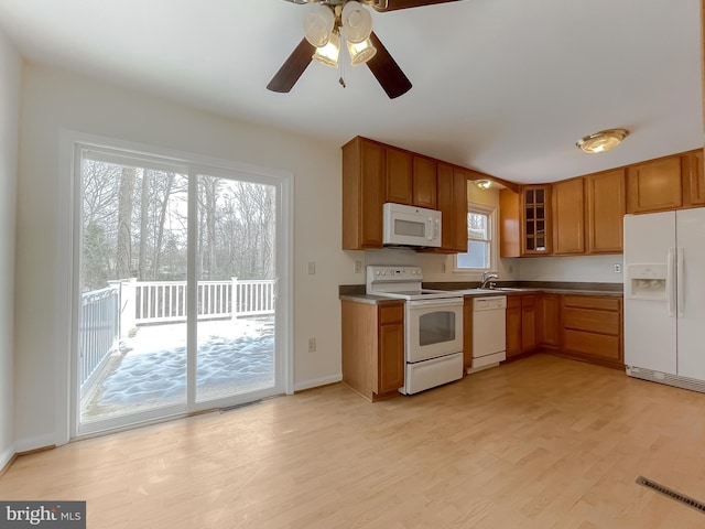 kitchen with light wood-type flooring, sink, a healthy amount of sunlight, and white appliances