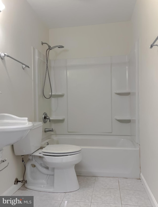 bathroom with toilet, shower / tub combination, and tile patterned floors