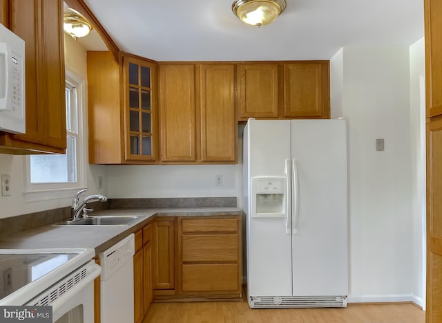 kitchen with sink, light hardwood / wood-style flooring, and white appliances