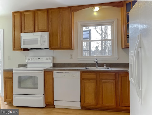 kitchen featuring light hardwood / wood-style floors, sink, and white appliances