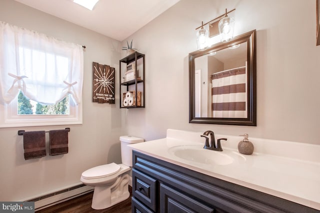 bathroom with toilet, a shower with shower curtain, vanity, hardwood / wood-style flooring, and a baseboard radiator