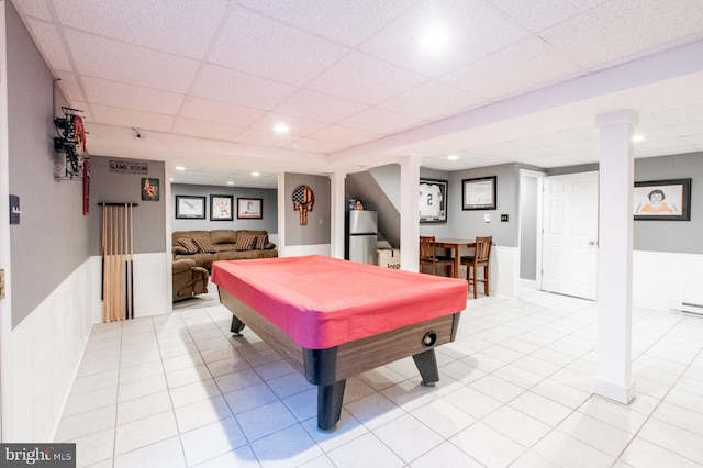 rec room featuring pool table and a drop ceiling