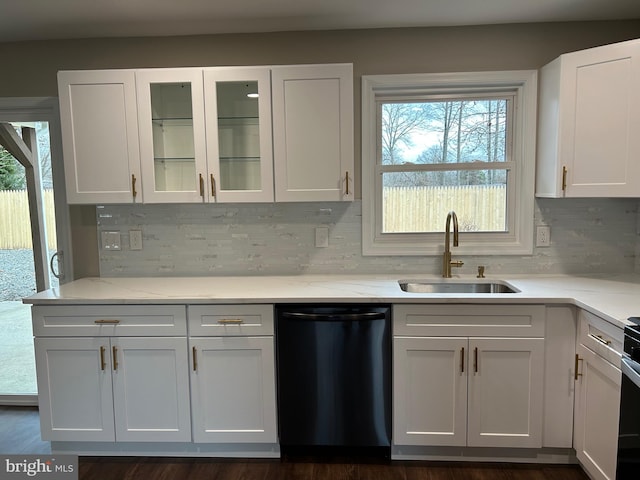 kitchen with sink, white cabinets, tasteful backsplash, and dishwasher