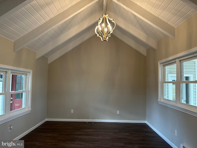 additional living space with an inviting chandelier, lofted ceiling with beams, and dark wood-type flooring