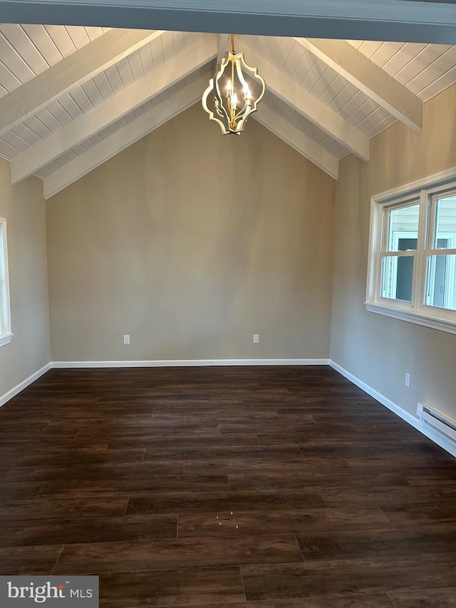 spare room with baseboard heating, dark hardwood / wood-style flooring, a notable chandelier, and vaulted ceiling with beams