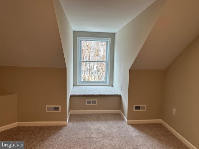 additional living space featuring light carpet and vaulted ceiling