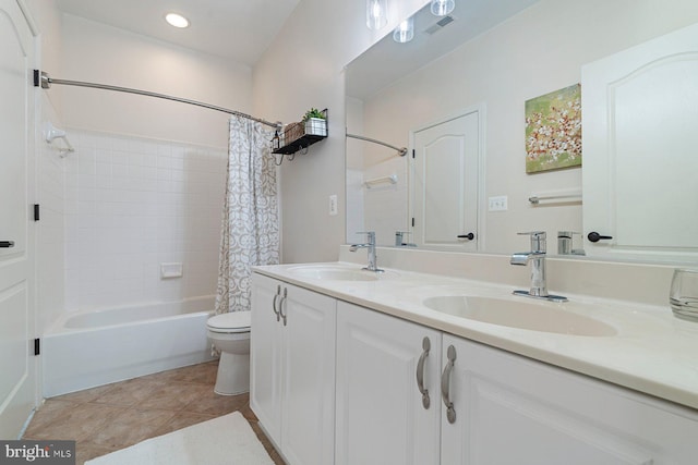 full bathroom with shower / bath combination with curtain, vanity, toilet, and tile patterned flooring