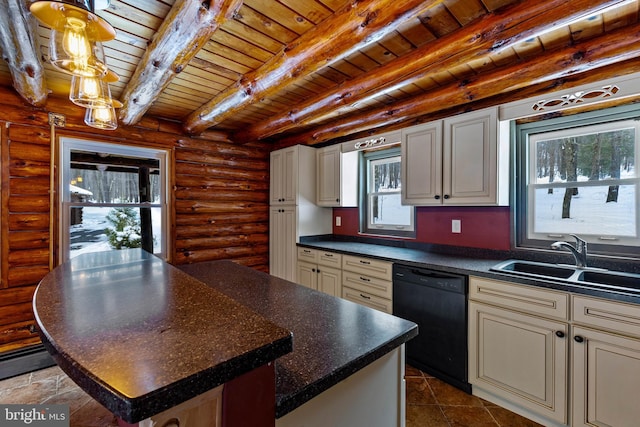 kitchen featuring sink, wooden ceiling, dishwasher, beamed ceiling, and log walls