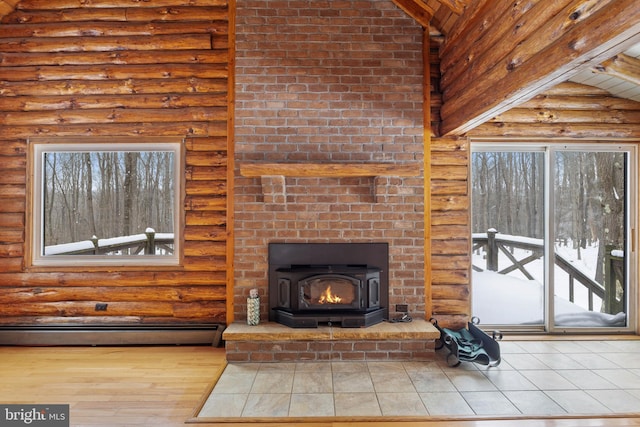 unfurnished living room featuring hardwood / wood-style flooring, log walls, a wood stove, lofted ceiling, and a baseboard heating unit