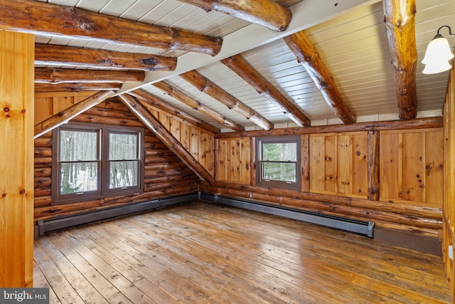 bonus room featuring wood ceiling, log walls, vaulted ceiling with beams, hardwood / wood-style flooring, and a baseboard radiator