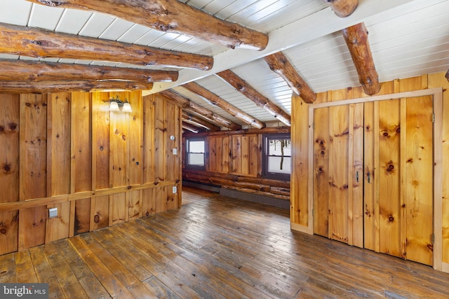 bonus room with a baseboard radiator, dark wood-type flooring, vaulted ceiling with beams, and wood walls