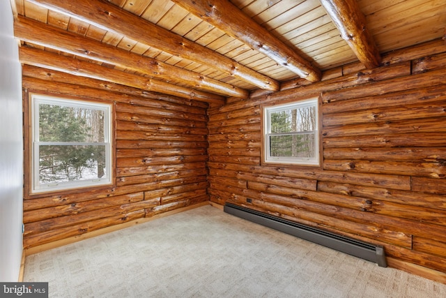 spare room with log walls, wooden ceiling, a baseboard radiator, and beamed ceiling