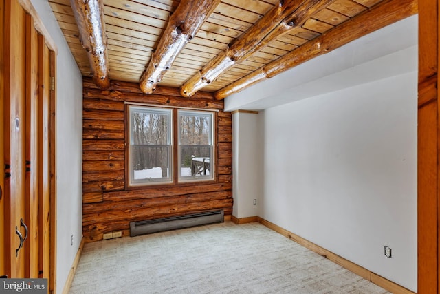 empty room featuring wood ceiling, beam ceiling, a baseboard radiator, and rustic walls