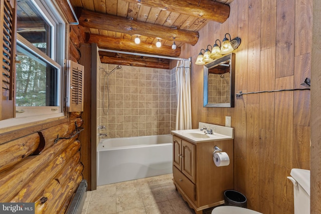 full bathroom featuring toilet, wooden walls, wood ceiling, beamed ceiling, and shower / bath combo