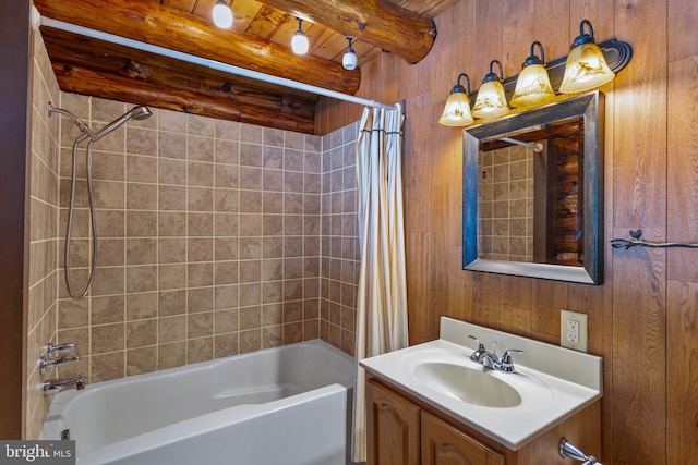 bathroom featuring wooden ceiling, wood walls, shower / bathtub combination with curtain, and beamed ceiling