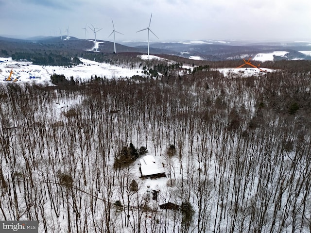 snowy aerial view featuring a mountain view