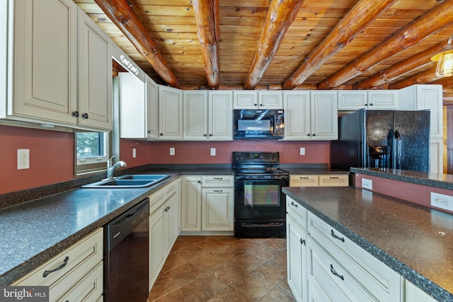 kitchen featuring wooden ceiling, black appliances, beamed ceiling, white cabinets, and sink