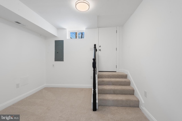 stairway featuring carpet flooring and electric panel