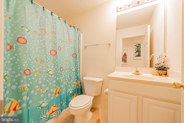 bathroom with toilet, vanity, a shower with shower curtain, and tile patterned flooring