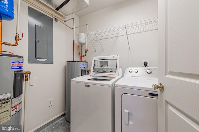 laundry room with water heater, separate washer and dryer, electric panel, and electric water heater