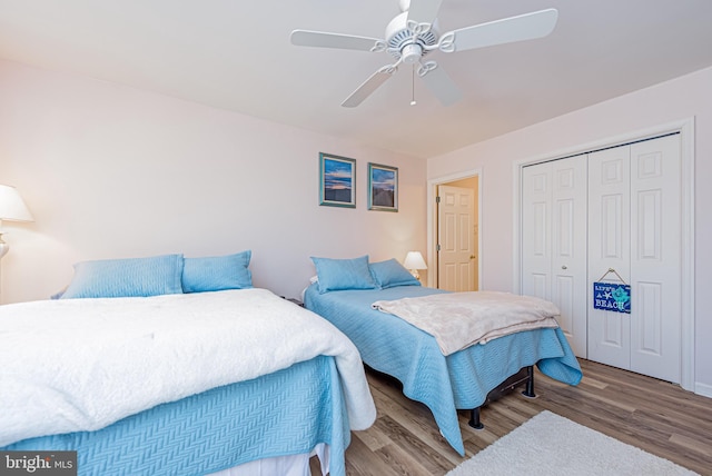 bedroom featuring ceiling fan, a closet, and wood-type flooring