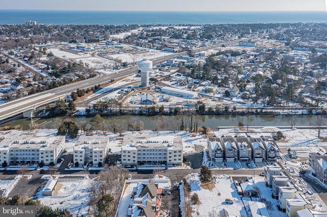 drone / aerial view with a water view