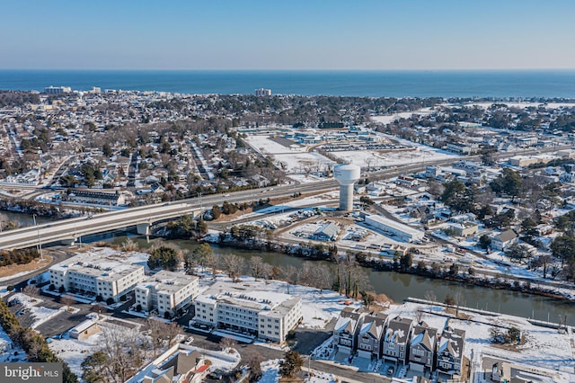 bird's eye view with a water view