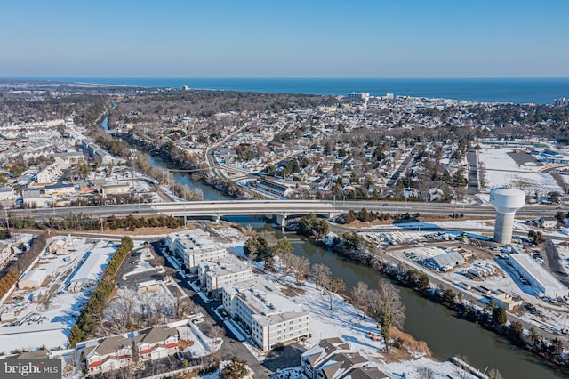 drone / aerial view featuring a water view