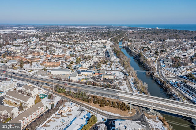 bird's eye view with a water view