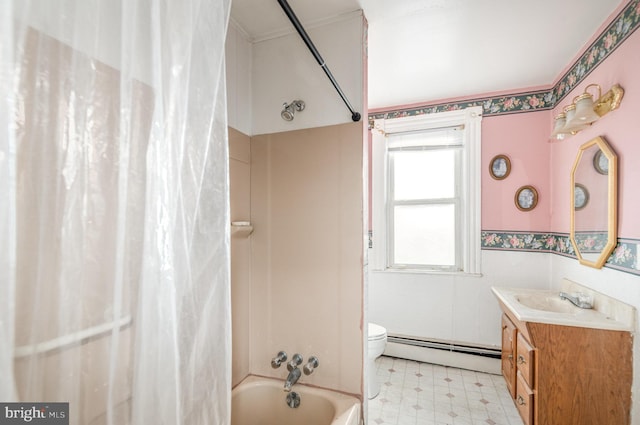 bathroom with tile patterned floors, toilet, shower / bath combo, a baseboard radiator, and vanity