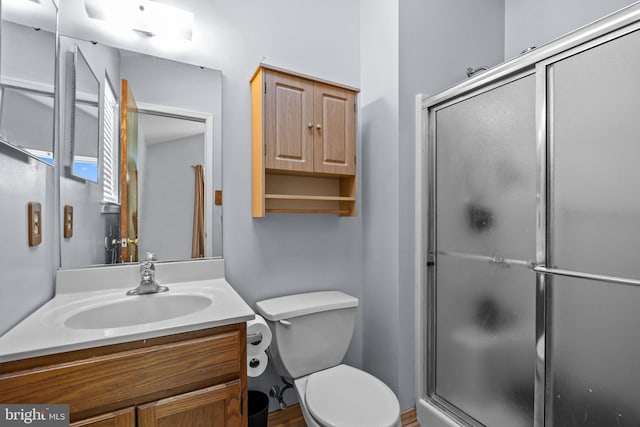 bathroom featuring toilet, vanity, and walk in shower