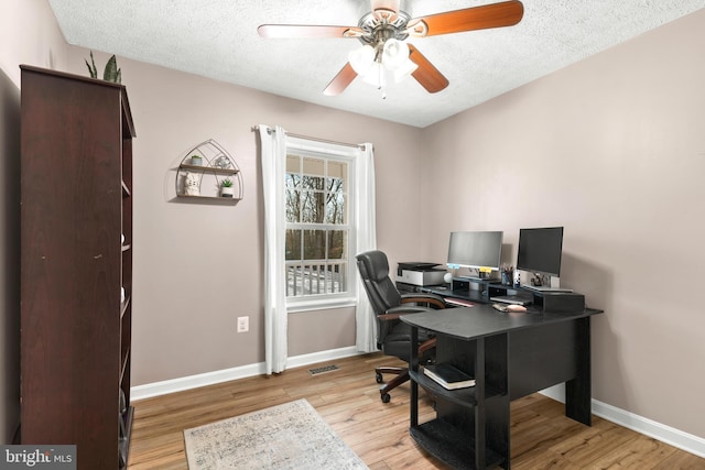 home office with a textured ceiling, light hardwood / wood-style floors, and ceiling fan