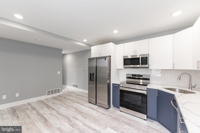 kitchen with appliances with stainless steel finishes, light stone counters, sink, blue cabinetry, and white cabinetry