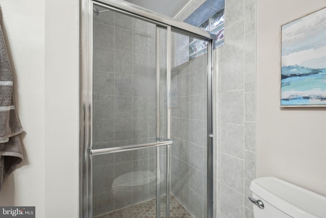 bathroom with toilet and an enclosed shower