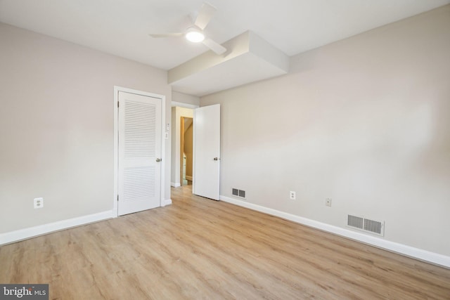 empty room featuring ceiling fan and light hardwood / wood-style floors