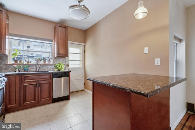 kitchen featuring sink, stainless steel dishwasher, dark stone counters, and decorative backsplash