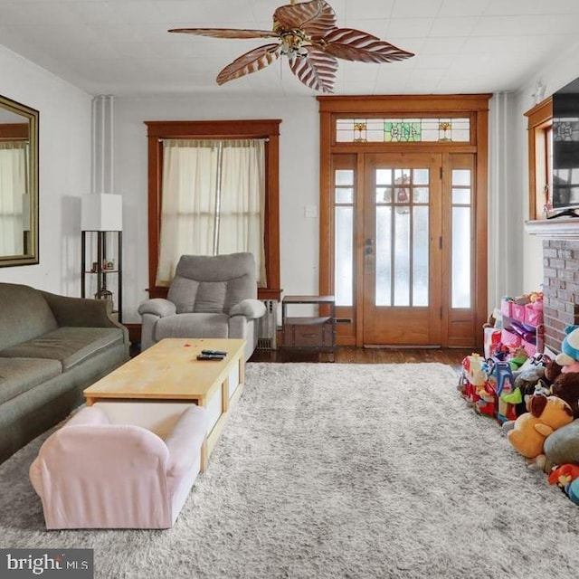 living room featuring ceiling fan and wood-type flooring