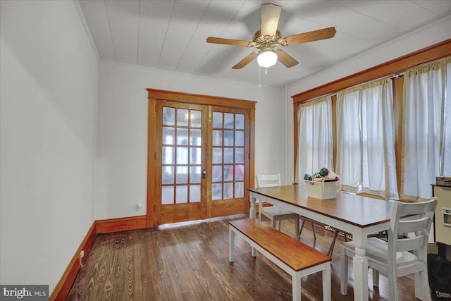 dining area featuring hardwood / wood-style floors, ceiling fan, and french doors