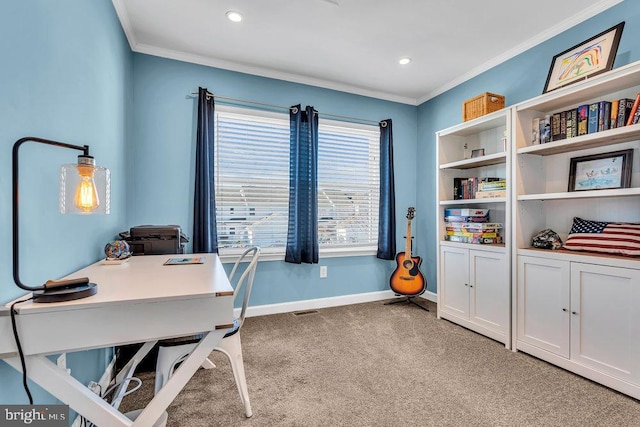 carpeted office with crown molding