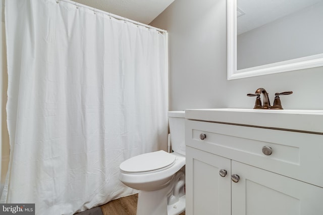 bathroom featuring hardwood / wood-style floors, vanity, and toilet