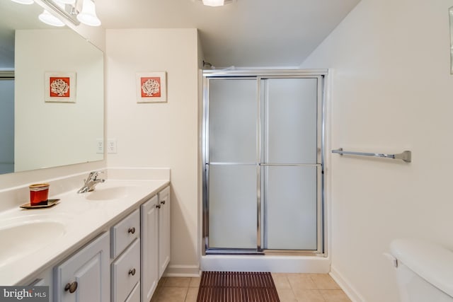 bathroom with toilet, walk in shower, and tile patterned floors