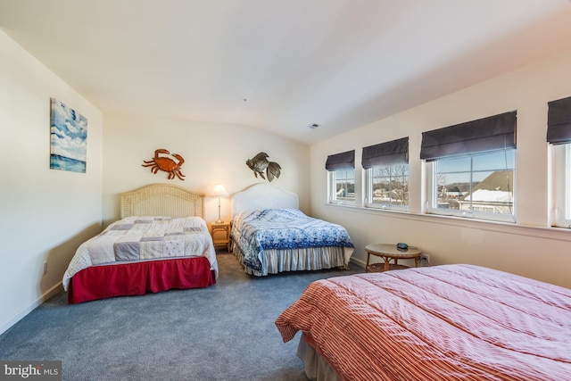 bedroom with lofted ceiling and dark carpet