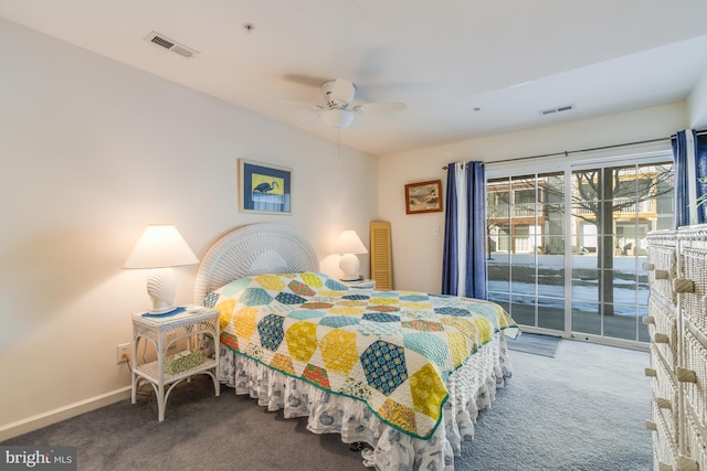 carpeted bedroom featuring access to outside and ceiling fan