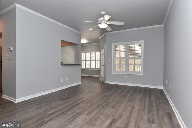 unfurnished living room featuring crown molding, ceiling fan, and dark wood-type flooring