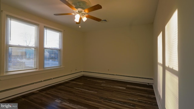 unfurnished room with ceiling fan, dark hardwood / wood-style flooring, and a baseboard radiator