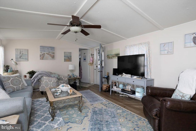 living room with lofted ceiling with beams, dark hardwood / wood-style flooring, and ceiling fan