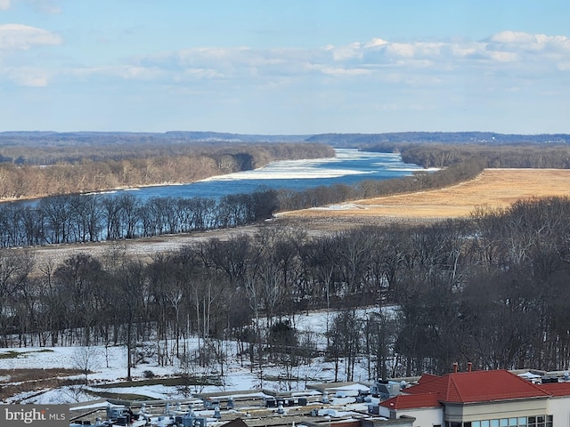 snowy aerial view with a water view