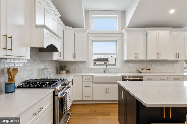 kitchen featuring sink, white cabinetry, light stone counters, decorative backsplash, and stainless steel range with gas stovetop