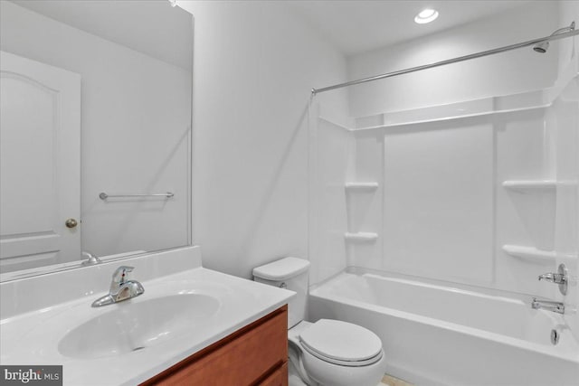 full bathroom with toilet, vanity, and bathing tub / shower combination